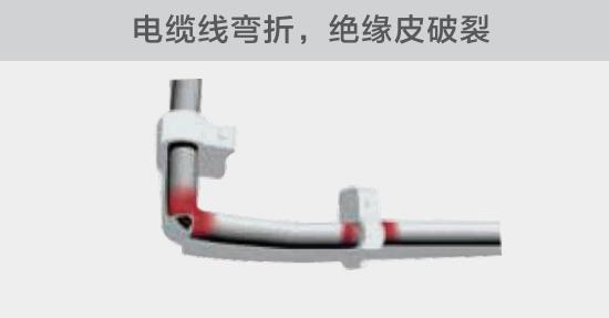 在安裝過程中，由于電線的彎曲半徑過小，或是線夾過緊，導致線纜絕緣皮破裂，產生電弧隱患